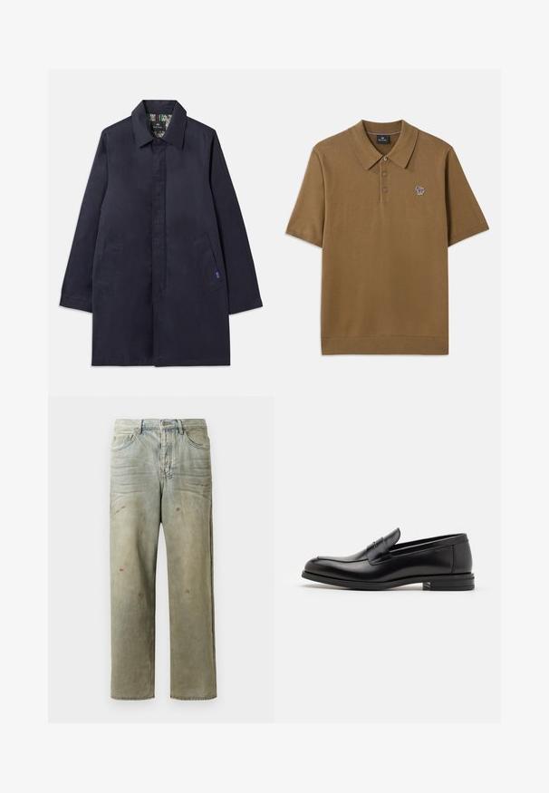 Navy blue coat with a collared neckline, two side pockets, and a straight cut. Interior features a patterned lining. Made of smooth fabric.; Brown polo shirt made of soft fabric with a fold-down collar, three buttons, and a small multicolored striped horse logo on the chest.; Distressed denim jeans in light green, featuring a straight leg, five-pocket design, and uneven fading with paint splatters.; Black leather loafers with a smooth texture, rounded toe, and a decorative strap across the vamp. Low stacked heel, minimalist design.