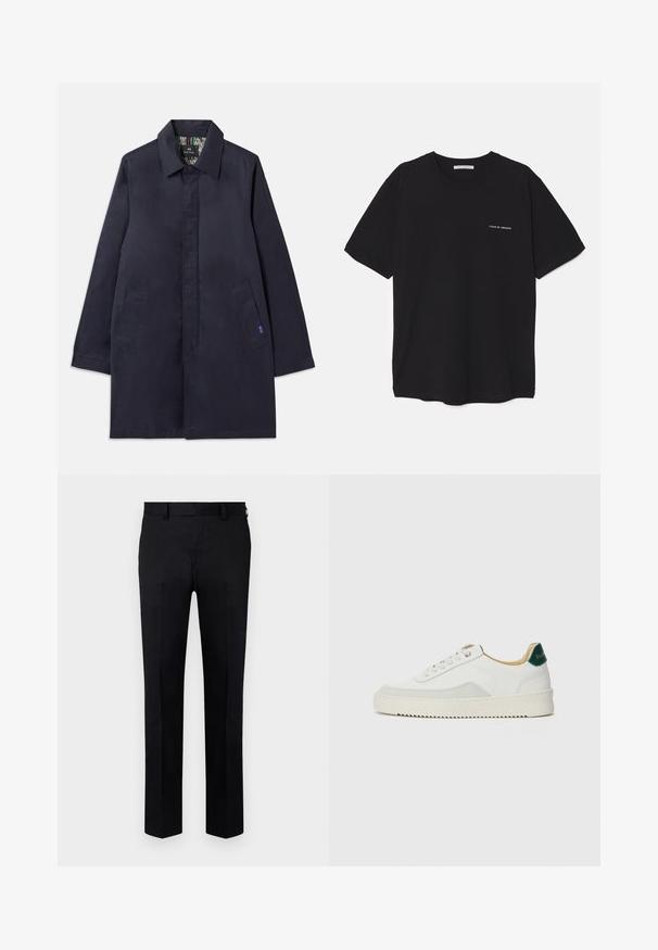 Casaco azul marinho com gola, dois bolsos laterais e corte reto. O interior apresenta um forro estampado. Feito de tecido suave.; T-shirt preta de algodão com gola redonda, mangas curtas e impressão de logó tipo branca no lado esquerdo do peito. Design simples, de cor sólida.; Calças pretas feitas de tecido liso, com um design de perna reta, vinco frontal e passantes para cinto na cintura. Sem padrões ou acentos visíveis.; Tênis brancos com detalhes em camurça, bico arredondado, atacadores planos e sola de borracha creme. Apresenta uma marcação verde no calcanhar.