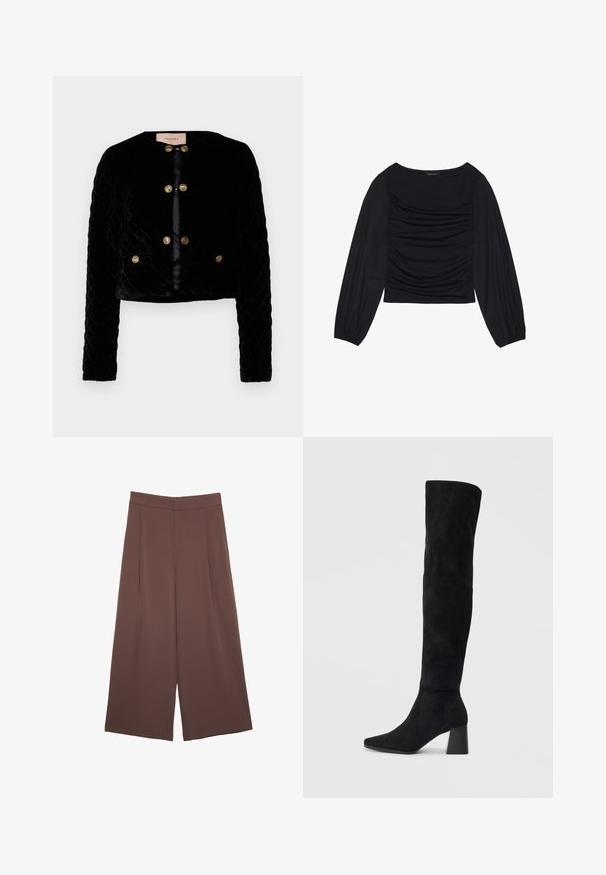 Zwarte gewatteerde fluwelen jas met een ronde halslijn, lange mouwen en gouden knoopaccenten. Heeft een cropped ontwerp en een gladde binnenvoering.; Zwarte longsleeve top met geplooid stofdetail aan de voorkant en bij de polsen, gemaakt van zachte, rekbare stof met een barco neckline.; Bruine wijde broek met een gladde textuur, voorzien van een hoge taille en plooien aan de voorkant. De stof is lichtgewicht en valt losjes.; Zwarte suède kniehoge laars met blokhak, spitse neus en een glad, naadloos ontwerp op een effen lichte achtergrond.