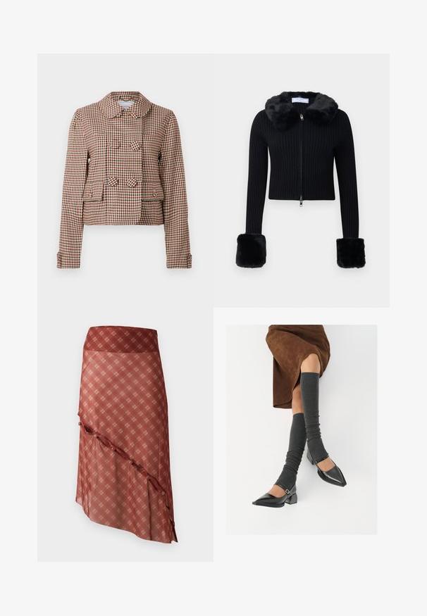 Sasmalcināta divkrūšu jakas ar sarkanu, melnu un bēšu pārbaudes rakstu, divām priekšējām kabatām ar atloku un noapaļotu apkakli.; Melnas ribotas zip-up kardigāns ar mākslīgo kažokādu apmali un atbilstošām lielām mākslīgā kažokādas aprocēm garajās piedurknēs.; Sarkans un bēšs ķemmēts īsā piedurknē ar gludu tekstūru un pieguļošu jostas daļu, ar apakšmalu, kurai ir smalks savirpušanās details.; Sarkana svārku ar diagonālu apakšmalu, kurai ir plānu raksts gaišākos toņos, akcentēts ar pogu detaļām gar malu.; Melnas laka ādas apavi ar norādītu purngalu, blokveida papēdi un potīšu jostu, saskaņoti ar pelēkām ribotām kāju sildītājām un brūnu zamšādas svārku.