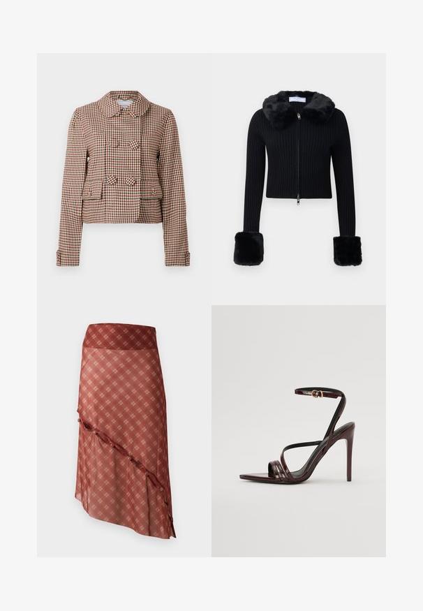 Kuttet dobbelspent jakke med rød, svart og beige rutete mønster, to frontlommer med klaff og rundt krage.; Svart ribbet glidelås cardigan med fuskepelskrage og matchende store fuskepelsmanchetter på lange ermer.; Rød og beige rutete kortermet topp med en glatt tekstur og en tettsittende midje, med en nederkant som har en subtil rynkefront.; Rødlig skjørt med diagonalt søm, med et rutemønster i lysere toner, akkompagnert av knappedetaljer langs kanten.; Burgunder røkt lærsandaler med høye hæler, ankelrem, spiss tå og tre horisontale stropper over foten. Detalj med gullfarget spenne.