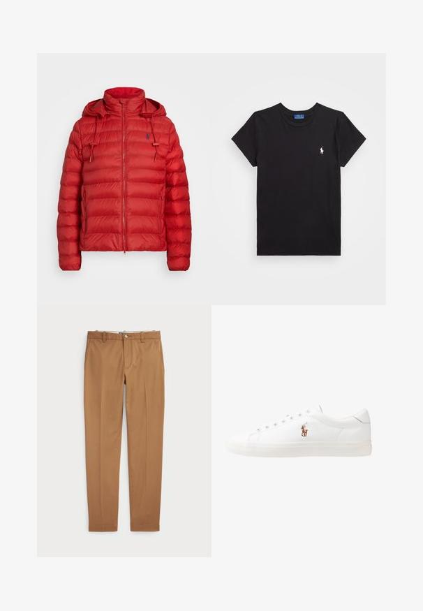 Casaco puffer vermelho com gola alta, fecho de correr à frente e capuz ajustável. Apresenta seções acolchoadas e um pequeno logótipo no peito.; T-shirt de algodão preto com decote redondo, mangas curtas e um logótipo bordado branco no lado esquerdo do peito. Textura suave, design casual.; Calças de algodão castanhas com um design slim-fit, frente lisa e bolsos standard; textura suave e bainhas com acabamento.; Sapatilhas de couro brancas, design de cano baixo, com textura suave, biqueira redonda, atacadores à frente e um pequeno logótipo bordado na lateral.