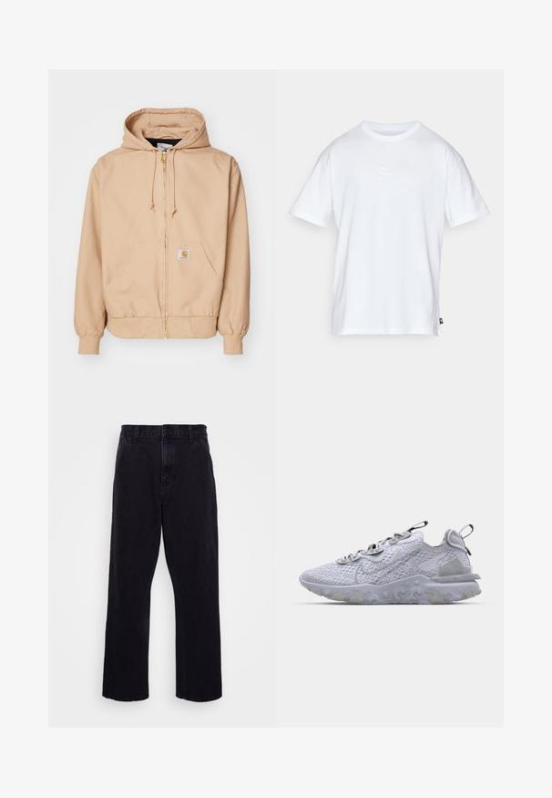 Beżowa bluza z kapturem zapinana na zamek, wykonana z mieszanki bawełny, z kapturem z regulowanym sznurkiem, ściągaczami przy rękawach, dwiema przednimi kieszeniami oraz naszywką z logo na lewej kieszeni.; Biała bawełniana koszulka z krótkim rękawem i okrągłym dekoltem. Posiada małe, dyskretne logo Nike na piersi oraz metkę po boku.; Czarne dżinsowe spodnie o prostym kroju, z zapięciem na guzik i zamek błyskawiczny, szlufkami na pasek oraz minimalnymi detalami w szwach.; Jasnoszare buty sportowe z oddychającą siateczką na górze, teksturowaną gumową podeszwą i odblaskowymi akcentami. Posiadają wyściełane kołnierze i sznurowanie.