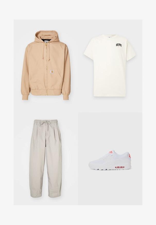 Beige zip-up hoodie i bomullsmix, med en dragskohet, ribbade ärmslut, två framfickor och en logotypbricka på vänster ficka.; Krämm färgad bomulls t-shirt med kort ärm, med "NIKE SB" i svart och röd text på bröstet. Standard rund halsringning.; Beiga, lätta byxor med elastisk midja och dragsko. Funktioner veck och en lös passform, tillverkade av ett mjukt, slätt material.; Vit atletisk sneaker med en slät överdel, snörning, vadderad sula och en synlig luftenhet med röda detaljer på varumärket.