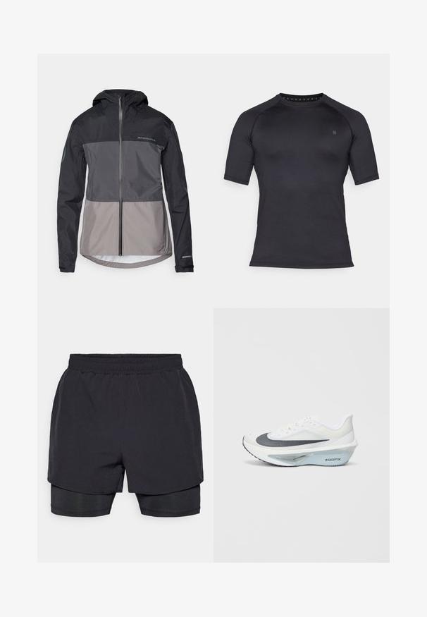 Herren-Hoodie in Schwarz- und Graufarben, aus leichtem Material gefertigt, mit einem frontalen Reißverschluss und elastischen Bündchen. Verfügt über ein Logodetail.; Schwarzes sportliches T-Shirt mit kurzen Ärmeln aus glattem, dehnbarem Stoff. Hat einen runden Halsausschnitt und minimales Branding auf der Brust.; Schwarze Sportshorts mit elastischem Bund, geschichtetem Design und passendem Innenfutter. Glatte Textur, für Komfort ausgelegt.; Weißer Sportschuh mit einem grauen Mesh-Obermaterial, einer blauen ZoomX-Schaumzwischensohle und einer gewölbten Außensohle für verbesserte Antrieb und Komfort.