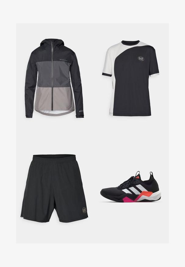 Men's hooded jacket in black and grey color blocks, made of lightweight material with a front zipper and elastic cuffs. Features logo detail.; Short-sleeve t-shirt featuring a two-tone design in black and white, with a smooth texture and an EA7 logo on the front.; Black athletic shorts made from lightweight fabric, featuring an elastic waistband and a gold circular logo on the lower right side.; Black athletic shoe with white stripes, textured upper, and a chunky sole featuring orange, pink, and white accents. Laced design with pull tab.