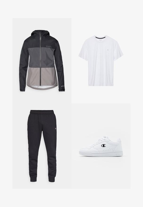 Herren-Hoodie in Schwarz- und Graufarben, aus leichtem Material gefertigt, mit einem frontalen Reißverschluss und elastischen Bündchen. Verfügt über ein Logodetail.; Weißes Crewneck-T-Shirt aus Baumwolle, mit kurzen Ärmeln und einem kleinen, auf der linken Brustseite gestickten Logo. Weiche Textur.; Schwarze Baumwoll-Sweatpants mit einem elastischen Bund und Bündchen. Mit Logo-Detail an der Seite. Glatte Textur, taillierter Schnitt.; Weißes sportliches Sneakerpaar mit glattem, synthetischen Obermaterial, schwarzem Logo-Akzent und perforierten Details an der Seite. Gummisohle.