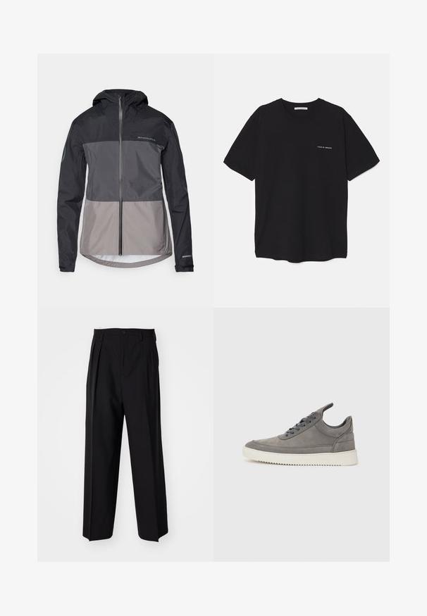 Meeste kapuutsiga jakk musta ja halli värvilise jaki kombinatsiooniga, valmistatud kergest materjalist, esi peatusega ja elastsete mansettidega. Omab logo üksikasju.; Must musta T-särk, ümar kaelus, lühikesed varrukad ja valge logo trükk vasakul rinnal. Lihtne, ühtlane värvitoon.; Mustad volditud püksid sirge ja laia säärega disainiga. Valmistatud siledast kangast, millel on nuppudega sulgemine ja vööaasad.; Hallitatud hall nubukist sneaker tekstuuriga pinnaga, valge kummist tallaga, ümarate paeltega ja madala lõikega.