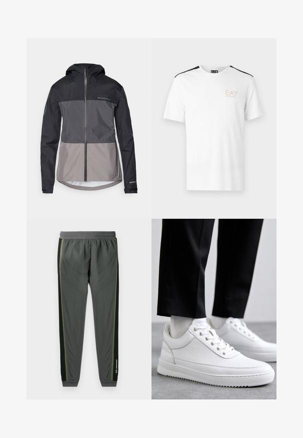 Veste à capuche pour hommes en blocs de couleur noire et grise, fabriquée en matériau léger avec une fermeture éclair avant et des poignets élastiques. Présente un logo.; T-shirt blanc à manches courtes avec des accents noirs sur les épaules et le logo EA7 en beige clair sur la poitrine gauche. Matière en coton.; Pantalons de sport gris avec un panneau latéral noir et une bande d'accent vert. Taille élastique et ourlets resserrés. Texture légère et lisse.; Baskets blanches en cuir avec une semelle en caoutchouc plat, présentant une finition lisse, un bout rond et des œillets en métal pour les lacets. Portées avec un pantalon noir.