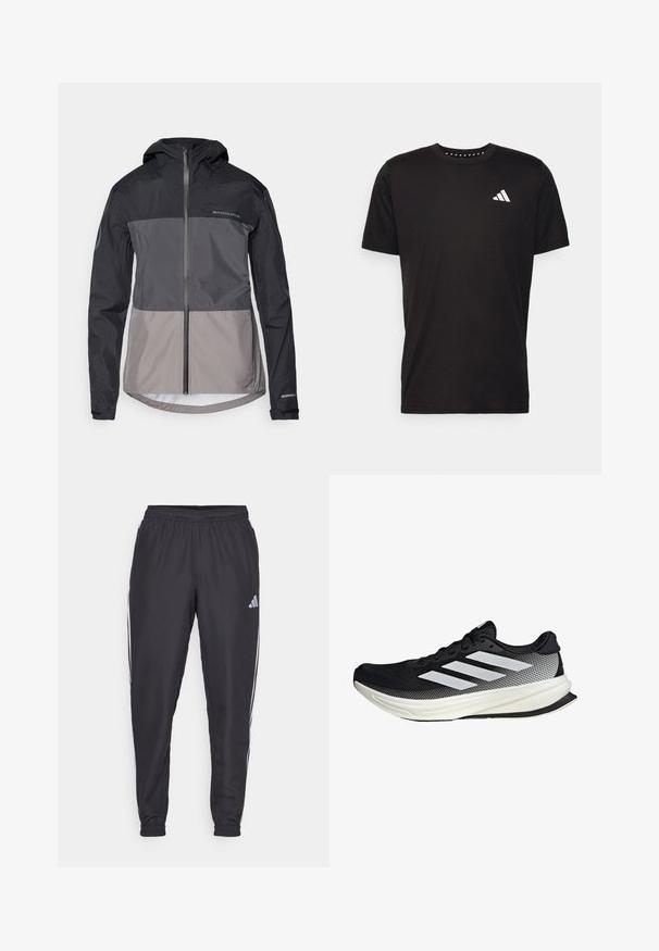 Giacca a vento da uomo in blocchi di colore nero e grigio, realizzata in materiale leggero con zip frontale e polsini elasticizzati. Presenta dettagli del logo.; T-shirt in cotone nero con maniche corte, scollo rotondo e logo bianco sul lato sinistro del petto. Texture liscia e design semplice.; Pantaloni sportivi neri con cintura elastica, dotati di strisce bianche lungo i lati e un piccolo logo sull'anca. Tessuto liscio.; Scarpa sportiva nera con design in rete, caratterizzata da strisce bianche, punta arrotondata e suola testurizzata per aderenza e supporto.