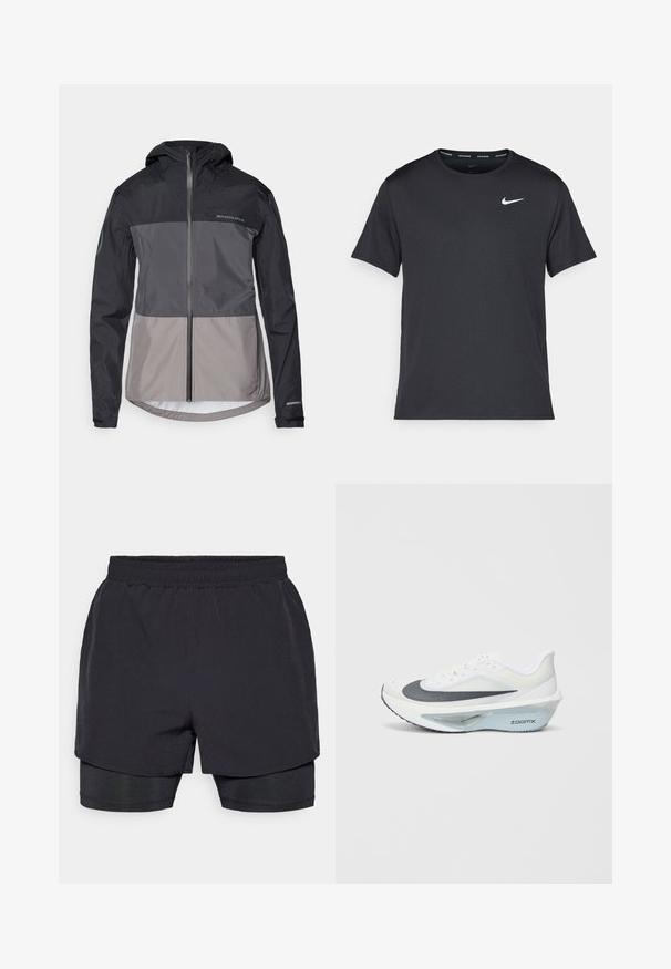 Heren hoodie in zwart en grijs kleurblokken, gemaakt van lichtgewicht materiaal met een voorrits en elastische manchetten. Voorzien van een logo-detail.; Zwarte Nike hardloop T-shirt gemaakt van lichtgewicht, ademend materiaal, met korte mouwen en een klein wit logo op de borst.; Zwarte sportshorts met een elastische tailleband, gelaagd ontwerp en een aansluitende binnenvoering. Glad textuur, ontworpen voor comfort.; Witte sportschoen met een grijs mesh bovenwerk, een blauwe ZoomX foam tussenzool en een gebogen buitenzool voor verbeterde voortstuwing en comfort.