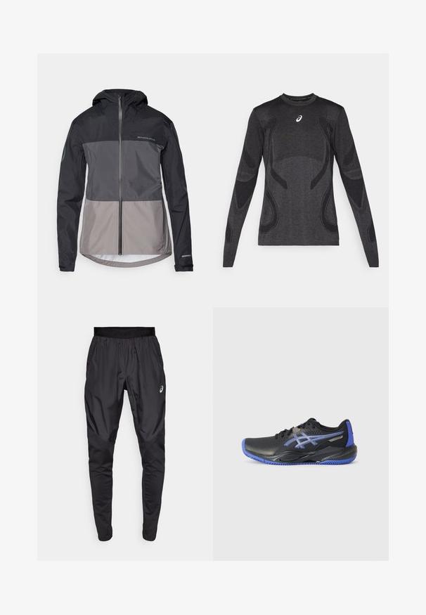 Męska kurtka z kapturem w czarno-szarym kolorze, wykonana z lekkiego materiału, z zamkiem błyskawicznym na froncie i elastycznymi mankietami. Zawiera detal z logo.; Długi rękaw sportowy top w ciemnoszarym kolorze, z teksturowanymi akcentami w jaśniejszym odcieniu szarości. Okrągły dekolt z logo na klatce piersiowej.; Czarne spodenki sportowe z elastycznym paskiem w talii, bocznymi kieszeniami oraz kontrastującymi panelami teksturującymi na nogawkach. Logo Asics na biodrze.; Czarne buty sportowe z niebieskimi akcentami, z perforowaną cholewką, teksturowaną podeszwą i detalem z logo. Okrągły nosek i wyprofilowane pięta.