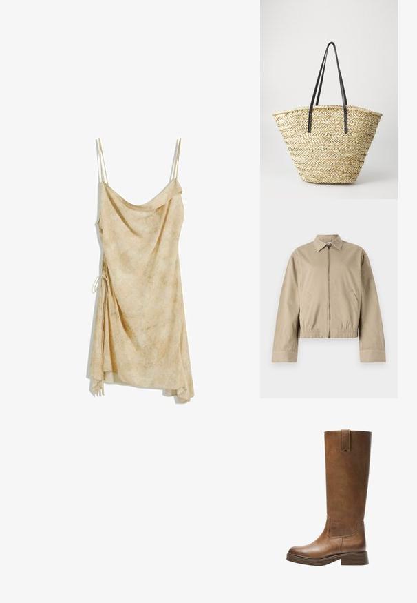 Beige bomber jacket with a zip closure, collared neck, and elasticized waistband. Features two side pockets and a smooth fabric texture.; Beige slip dress with thin straps, a draped neckline, and asymmetric hem. Features a tie detail on one side and a soft, textured fabric.; Brown leather knee-high boot with a rounded toe, textured surface, and a stacked low heel. Features a side panel and pull tab at the top.; Woven straw tote bag with a wide, tapered shape, featuring two black leather handles. Natural beige color with a textured surface.