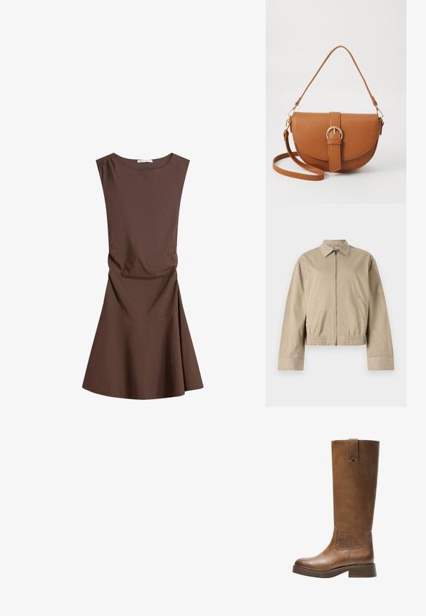 Béžová bombera s zipovým uzávěrem, límcem a elastickým pasem. Obsahuje dvě boční kapsy a hladký povrch látky.; Bezramenné hnědé šaty po kolena s kulatým výstřihem a mírným bočním nařasením, široká sukně na bílém pozadí.; Hnědé kožené vysoké boty na kolena s kulatou špičkou, texturovaným povrchem a nízkým patem s podstavcem. Obsahují boční panel a poutko na horní části.; Hnědá kožená křížová taška s zakřiveným tvarem, zlatými detaily a akcentem s přezkou. Obsahuje odnímatelný popruh na rameno.