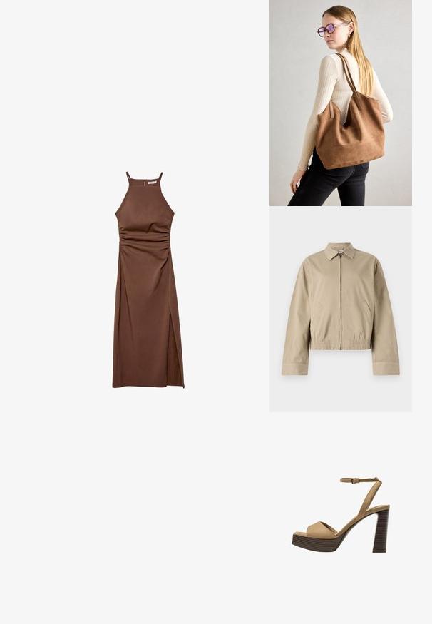 Béžová bomber bunda so zipsovým uzáverom, golierom a elastickým pásom. Obsahuje dve bočné vrecká a hladkú textúru látky.; Stradivarius HALTER - Šaty do práce - dark brown; Bežové semišové sandále na vysokom opätku s širokým predným pásom a pásikom okolo členka, ktoré majú masívny drevený blokový opätok s textúrovaným povrchom.; Hnedá semišová taška na rameno s mäkkou textúrou, veľkým otvorom a dlhými popruhmi. Má jednoduchý dizajn s viditeľným šitím a bez kovových prvkov.
