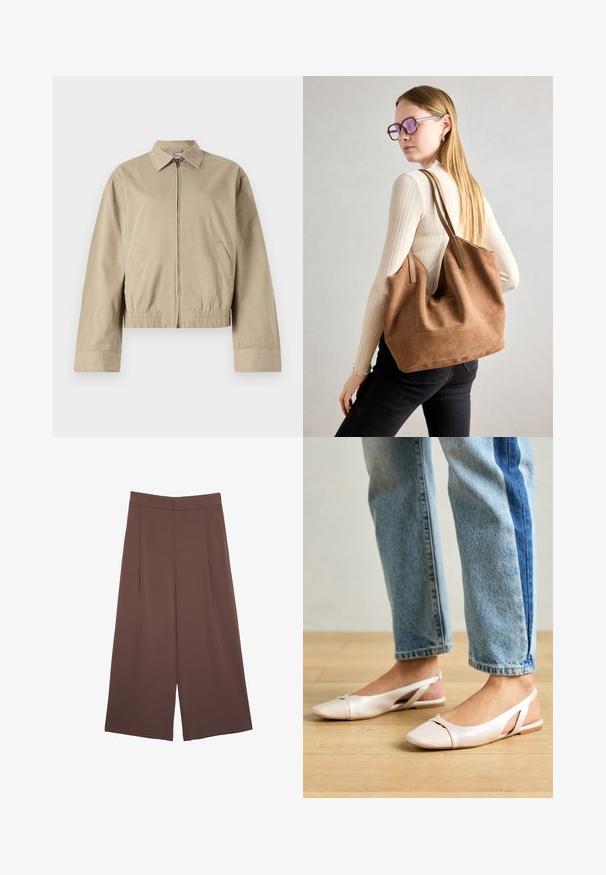 Beige bomber jacket with zip closure, collared neck, and elasticized waistband. Features two side pockets and a smooth fabric texture.; Kahvinsävyinen lyhythihainen t-paita, joka on valmistettu pehmeästä kankaasta. Pyöreä pääntie ja rento malli. Ei näkyviä kuvioita tai koristeita.; Ruskeat leveälahkeiset housut, joissa on sileä pinta, korkea vyötärö ja etupleat. Kangas on kevyttä ja laskeutuu väljänä.; Vaaleanpunaiset slingback-ballerinat, joissa on terävä kärki, valmistettu sileästä nahkamaisesta materiaalista. Sivujen leikkuuyksityiskohdat ja tasapohja.; Ruskea nubukkivuoriolaukku, jossa on pehmeä rakenne, tilava avaus ja pitkät hihnat. Ominaisuuksiin kuuluu yksinkertainen muotoilu näkyvine ompeleineen ja ilman metalliosia.