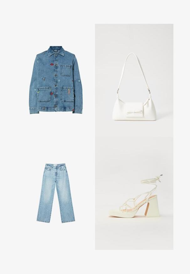Jeans jakna v svetlo modri barvi z vezenimi oblikami, vključno s srci, pticami in očmi. Ima dve žepni na prsih in gumbasto zapiranje.; Asimetrična bela majica iz gladkega blaga, ki ima en kratek rokav in en dizajn brez ramena, s čistim, minimalističnim videzom.; Svjetloplave široke traperice s visokim strukom, s izblijedjelim pranjem i malim, raštrkanim oštećenjima po cijelom dijelu.; Bela sandala na visokih petah s debelim petam, ki ima obliko trakcev in vezanje okoli gležnja. Gladka tekstura z platformo spredaj za dodatno višino.; Bela sintetična torbica v obliki trikotnika, z ravnim sprednjim poklopcem in detajlom mašne, nastavljivim trakom, gladko teksturo in minimalističnim dizajnom.