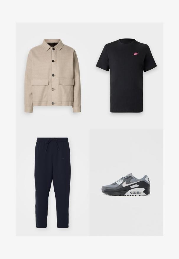 Helles beigefarbenes Wolljackett mit kragenförmigem Halsauschnitt, vier Vorderpäcken und dunklen Knöpfen. Besitzt einen strukturierten, entspannten Schnitt und eine glatte Textur.; Schwarzes Baumwoll-T-Shirt mit rundem Ausschnitt und kurzen Ärmeln. Mit einem pinken Nike-Logo auf der oberen linken Seite. Glatte Textur.; Navy Jogginghose aus weichem Stoff, mit elastischem Bund und Kordelzug, schmal zulaufenden Beinen und Seitentaschen.; Grauer Sneaker mit einer Mischung aus Mesh- und Wildledermaterialien, einer schwarzen Sohle und einer sichtbaren Luftkammer. Auffällige hellgraue Akzente und Schnürsenkel.
