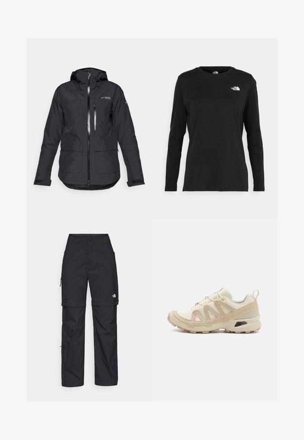 Black waterproof jacket with a hood, two front pockets, and a central zipper. Features adjustable cuffs and a smooth, matte texture.; Black long-sleeve t-shirt made of cotton with a round neck. Features a small white logo on the left chest area. Simple design and fit.; Black nylon zip-off cargo trousers with adjustable cuffs, multiple pockets, and a logo on the right leg. Smooth, lightweight texture.; Beige and cream athletic shoe with textured mesh upper, supportive overlays, and rubber outsole featuring a tread pattern for traction.