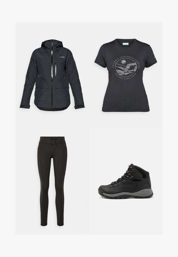 Black waterproof jacket with a hood, two front pockets, and a central zipper. Features adjustable cuffs and a smooth, matte texture.; Black Columbia t-shirt with white circular mountain and river line art and text "Columbia Sportswear Company Outside Since 1938."; Black leggings with a high waistband, drawstring, smooth texture, and fitted design. Features stitching details along the sides.; Black hiking boot with a mid-top design, featuring a textured upper, gray accents, and durable rubber sole with traction lugs.