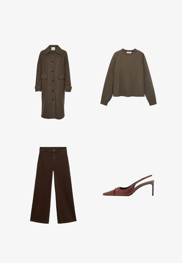 Rjav volnen plašč s ovratnikom, dolgimi rokavi in velikimi sprednjimi žepi. Zapenja se z velikimi temnimi gumbi.; Olivno zelena majica s rundim izrezom, raglan rukavima i skraćenim rubom. Izrađena iz mekog materijala s glatkom teksturom.; Rjave široke hlače iz mešanice bombaža, z raztrganim robom, sprednjim gumbom in klasičnim dizajnom s petimi žepi. Minimalistične in vsestranske.; Rjavi usnjeni slingback čevelj z ostro konico, izrezom na vampu in elegantno stiletnasto peto. Gladka tekstura.