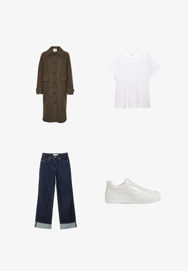 Brown wool coat with a collared neckline, long sleeves, and oversized front pockets. Fastened with large dark buttons.; White T-shirt made of soft, lightweight fabric. Features a round neckline and short, wide sleeves with a relaxed fit. No visible patterns.; Dark blue wide-leg jeans with a high waist, featuring rolled cuffs, contrast stitching, and five-pocket design. Made of denim fabric.; White leather sneakers with smooth texture, padded ankle, and perforated toe. Features a slightly elevated rubber sole and lace-up design.