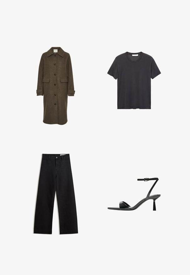 Bruine wollen jas met een kraag, lange mouwen en oversized voorzakken. Gesloten met grote donkere knopen.; Zwarte crew-neck t-shirt gemaakt van zachte katoen. Korte mouwen, relaxte pasvorm en rechte zoom zonder versieringen of patronen.; Zwarte denim broek met wijde pijpen en een hoge taille, voorzien van voor- en achterzakken, gestikte naden en een knoopsluiting. Gladde textuur.; Bershka Sandalen met hoge hak - black