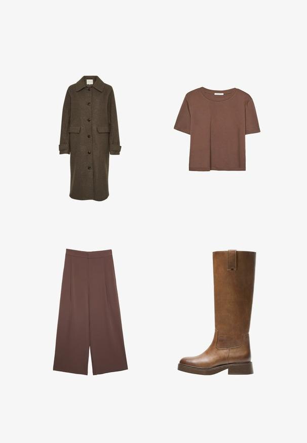 Brauner Wollmantel mit einem geknöpften Kragen, langen Ärmeln und übergroßen Fronttaschen. Geschlossen mit großen dunklen Knöpfen.; Braunes, kurzärmliges T-Shirt aus weichem Material mit rundem Halsausschnitt und lockerer Passform. Keine sichtbaren Muster oder Akzente.; Braune Weite-Leg-Hosen mit einer glatten Textur, hoher Taille und Vorderfalten. Der Stoff ist leicht und fällt locker.; Braunes Leder-Knöchelhochstiefel mit abgerundetem Zeh, strukturiertem Obermaterial und niedrigem, gestapeltem Absatz. Verfügt über ein seitliches Einsätzen und eine Ziehschlaufe an der Oberseite.