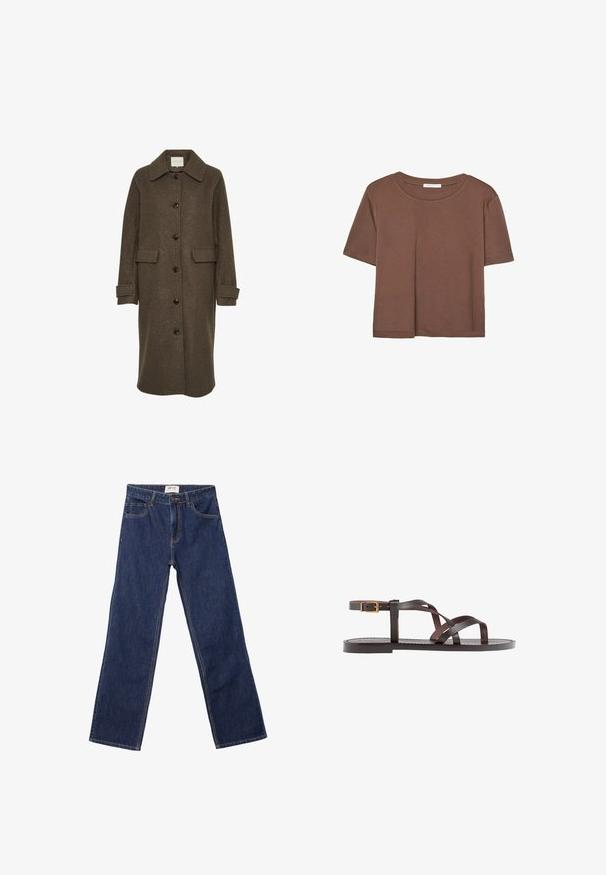 Brun uldfrakke med krave, lange ærmer og overdimensionerede forlommer. Lukket med store mørke knapper.; Brun kortærmet t-shirt lavet af blødt stof, med rund halsudskæring og afslappet pasform. Ingen synlige mønstre eller detaljer.; Mørkeblå lige ben jeans med forlommer, bæltesløjfer og knaplukning.; Brune lædersandal med krydsende stropper, ankelspænde og en flad sål med minimale syninger.