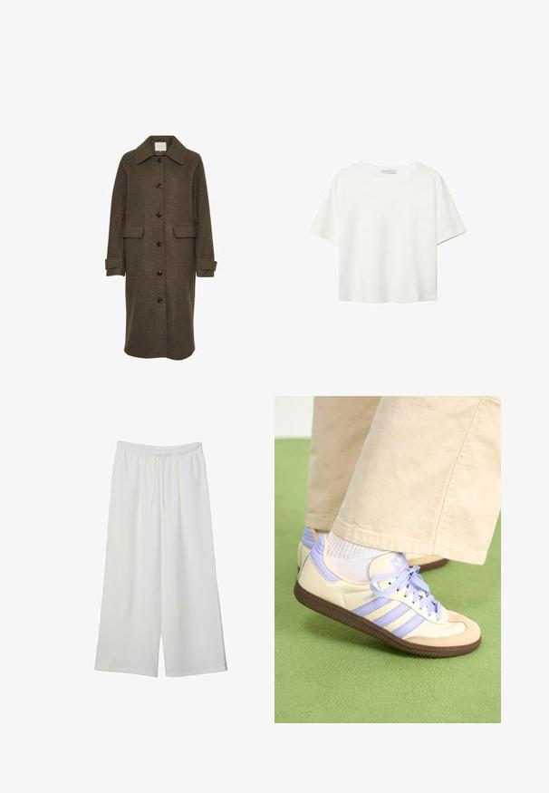 Brun ullkappa med krage, långa ärmar och överdimensionerade framfickor. Knäppt med stora mörka knappar.; Vit t-shirt med kort ärm i bomull. Har en rundad halsringning och en avslappnad passform. Slät textur utan synliga mönster eller detaljer.; Vita vida byxor i lätt tyg med elastisk midja och dragsko för justerbar passform. Mjuk textur.; Krämfärgade och lavendelfärgade sneakers med tre ränder och en texturerad brun sula, med snören och en vadderad häl. Mjuk tygobero.