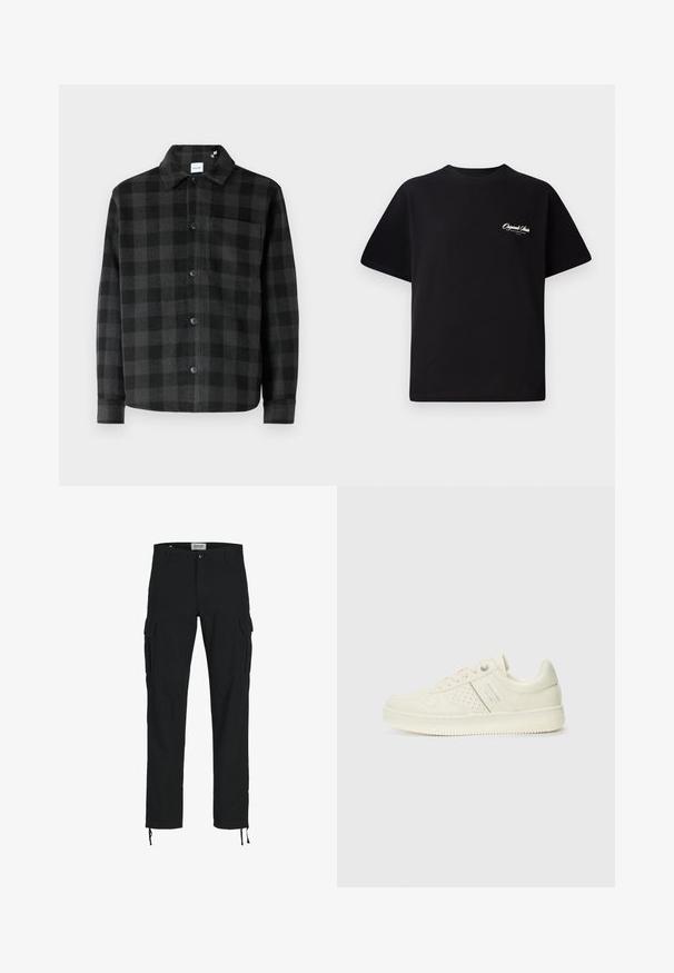 Giacca camicia a quadri nera e grigia con chiusura a bottoni, colletto a punta, maniche lunghe e una tasca sul petto, caratterizzata da una trama liscia.; T-shirt in cotone nero con scollatura rotonda, maniche corte e piccolo testo del logo bianco sul lato sinistro del petto. Design semplice, vestibilità classica.; Pantaloni cargo neri con taglio dritto, dotati di tasche laterali, chiusura con bottone e coulisse elastiche alle caviglie. Realizzati in tessuto resistente.; Sneaker color crema con dettagli perforati, lacci e logo sul lato, esposta su uno sfondo bianco semplice.