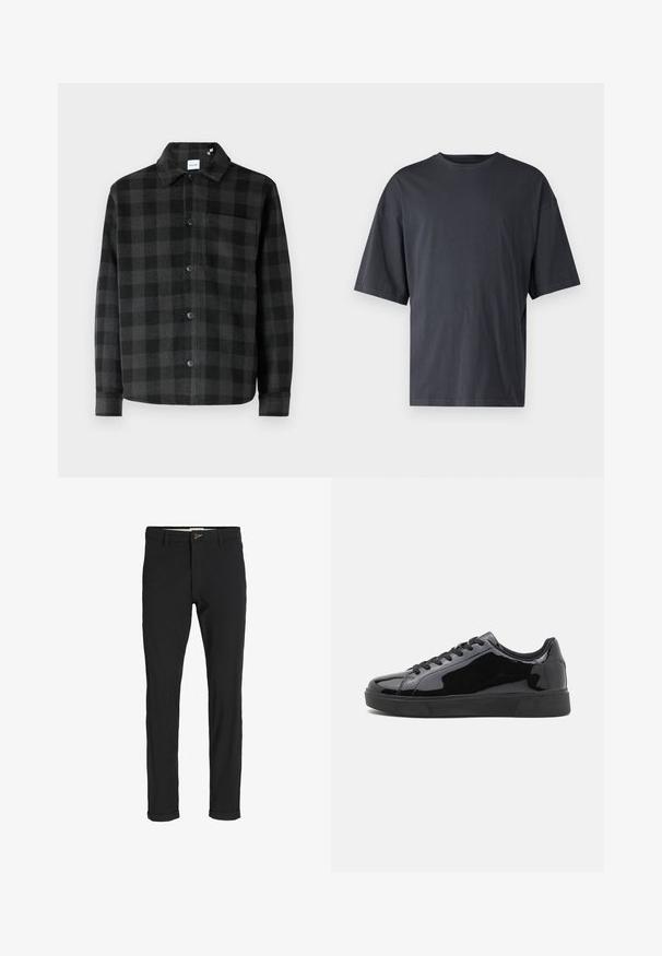 Veste chemise à carreaux noirs et gris, avec un bouton sur le devant, un col pointu, des manches longues et une poche poitrine avec une texture lisse.; T-shirt à manches courtes gris foncé en coton léger, avec une coupe ample et un col rond classique, présentant une texture unie et sans motifs.; Pantalons noirs en mélange de coton avec une coupe slim, dotés d'une fermeture à bouton, de poches et de revers pour une finition décontractée.; Baskets en cuir verni noir avec un bout rond, semelle en caoutchouc plate et lacets noirs. Texture lisse et brillante sur la surface supérieure.