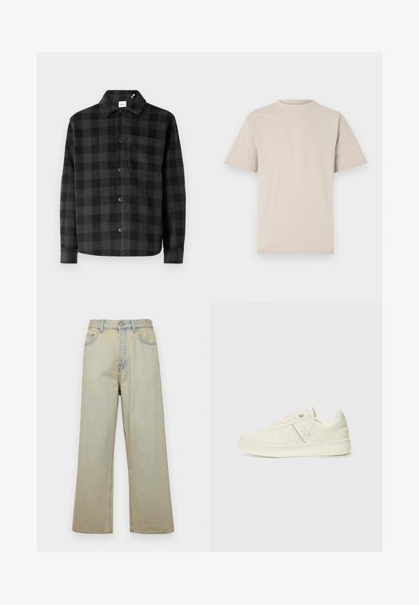 Black and gray plaid shirt jacket featuring a button front, pointed collar, long sleeves, and a single chest pocket with a smooth texture.; Beige short-sleeve t-shirt, crew neckline, made of smooth cotton fabric, featuring a relaxed fit and no visible patterns or embellishments.; Light blue wide-leg jeans made of denim with a faded finish. Features five pockets and a front button closure.; Cream-colored sneaker with perforated detailing, laces, and logo on the side, displayed against a plain white background.