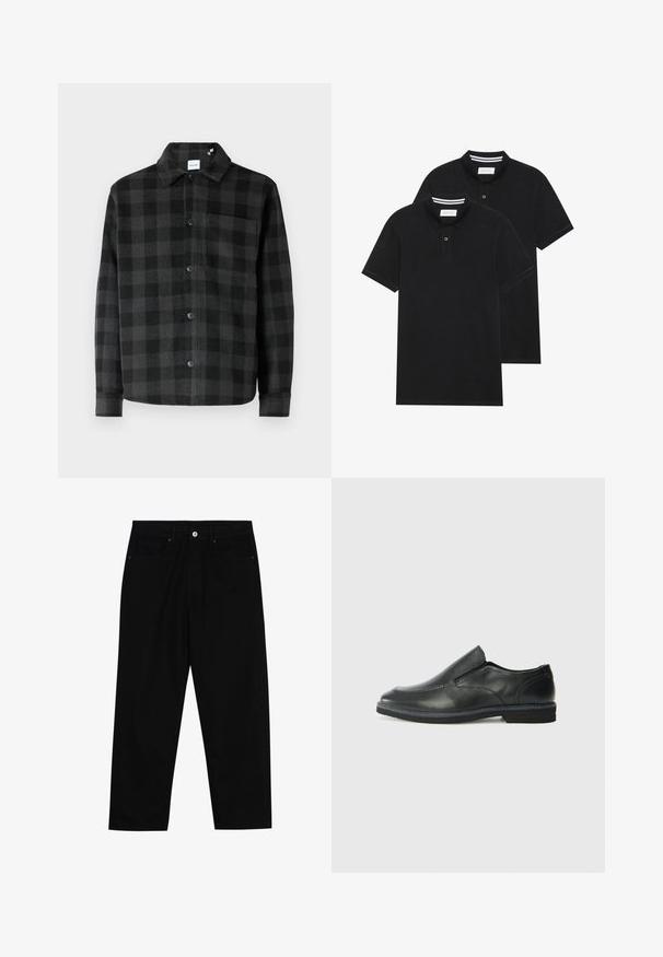 Schwarz-graues karierte Hemdjackett mit Knopfverschluss, spitzem Kragen, langen Ärmeln und einer einzelnen Brusttasche aus glattem Material.; Zwei schwarze Polohemden, kurzärmlig, aus Baumwolle, mit einem klassischen Kragen, zwei Knöpfen und weißen Streifenakzenten im Inneren des Kragens.; Schwarze Jeans mit geradem Schnitt, Fünf-Taschen-Design und einem vorderen Knopfverschluss. Glatte Textur mit minimalen Nähten.; Schwarze Leder-Slipper mit glattem Obermaterial, gesteppten Akzenten, runder Zehenpartie und niedrigem Gummiabsatz. Die Sohle hat ein minimales Profil.