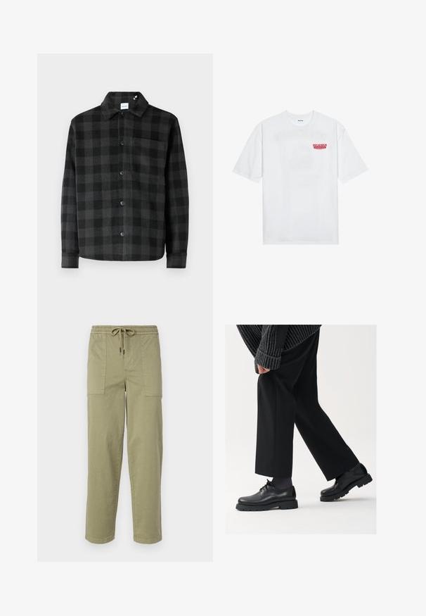 Black and gray plaid shirt jacket featuring a button front, pointed collar, long sleeves, and a single chest pocket with a smooth texture.; White cotton t-shirt featuring short sleeves, crew neck, and a red graphic text "DELICIOUS REFRESHING FRUIT" on the front.; Light olive green pants made of cotton blend fabric, featuring an elastic waistband with drawstring, and two large side pockets.; Black leather shoes with a rounded toe, lace-up design, and thick, textured sole. Worn with tailored black trousers and a ribbed sweater.