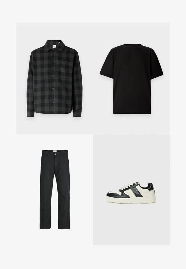 Černá a šedá kostkovaná košile s bundou, která se zapíná na knoflíky, má špičatý límec, dlouhé rukávy a jednu náprsní kapsu s hladkým povrchem.; Černé tričko s krátkým rukávem vyrobené z žebrované tkaniny. Má kulatý výstřih a volný střih s hladkým povrchem. Pohled zádní strany.; Černé kalhoty vyrobené z odolné tkaniny, s rovnými nohavicemi, šitými akcenty a dvěma předními kapsami pro praktičnost.; Kožené tenisky s černobílou barevnou kombinací, které mají perforované detaily, polstrovaný límec a texturovanou podrážku.