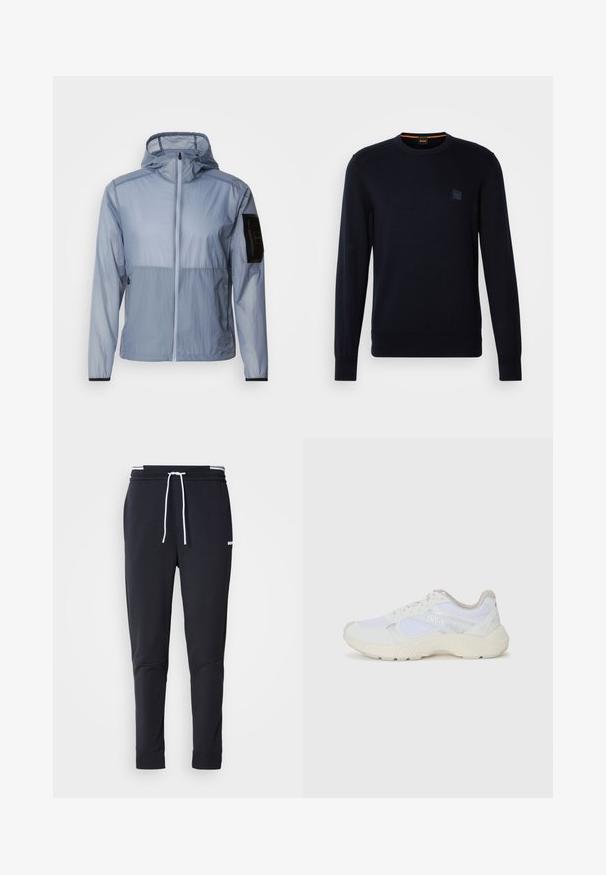 Ljust blå, lätt jacka med full dragkedja, justerbar huva och svart ficka på vänster ärm. Slät textur och minimalistisk design.; Marinblå stickad tröja med långa ärmar, rundad halsringning, ribbade manschetter och nederkant, med en liten fyrkantig logotyp på bröstet.; Svarta slim-fit joggerbyxor med vit dragsko, elastisk midja med vita ränder och en liten vit logotyp på övre låret.; Vitaidrottsskor i mesh och mocka med en strukturerad mellansula, texturerade accenter och "HUGO"-logotypen på sidan.