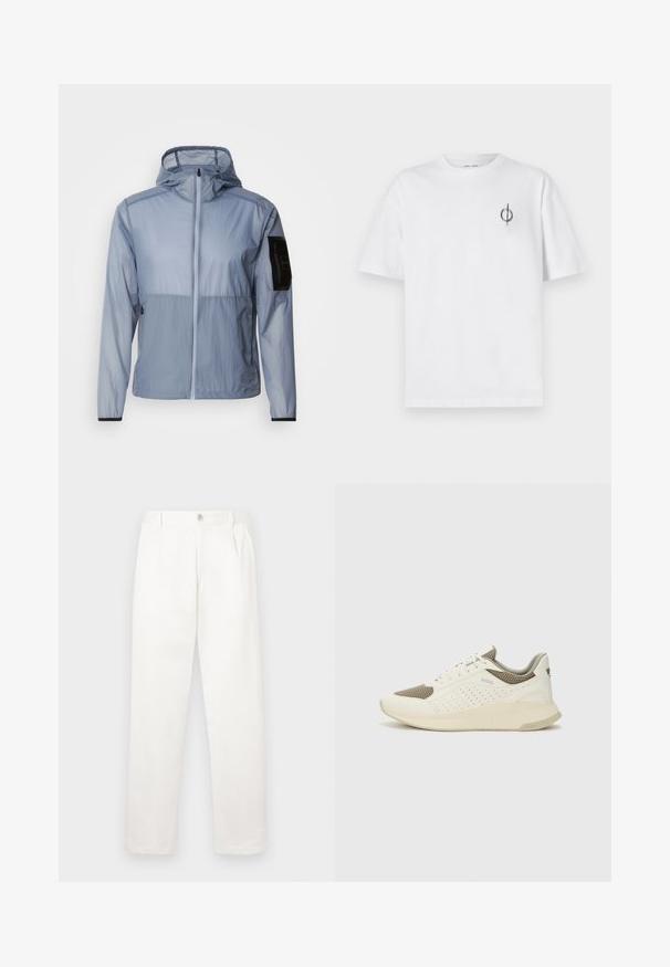 Light blue, lightweight jacket with a full zipper, adjustable hood, and black pocket on the left sleeve. Smooth texture and minimal design.; White cotton t-shirt with a relaxed fit, featuring a small black graphic logo on the left chest area. Short sleeves, crew neck style.; White trousers made from smooth fabric, featuring a straight leg design, front pleats, and a single button closure at the waist.; White and light beige athletic sneaker, featuring a mesh upper, perforated detailing, and a textured midsole with branding on the heel.