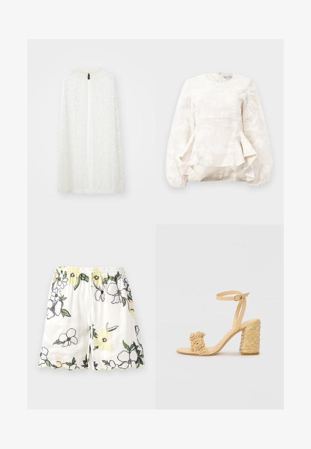 Cape blanc transparent avec un col froncé, ornée de paillettes en argent dispersées, présentant une ouverture centrale de haut en bas.; Blouse beige clair avec un motif floral texturé, décolleté rond, longues manches bouffantes et style peplum à la taille. Fermeture éclair au dos.; Shorts blancs avec broderie florale jaune, violette et noire. Dotés d'une taille élastique et d'un ourlet en forme de vague. Fermeture à lien de serrage.; Sandale à talons hauts beige avec une texture tressée, ornée d'une fleur décorative et d'une bride à la cheville. Le talon carré ajoute de la stabilité.