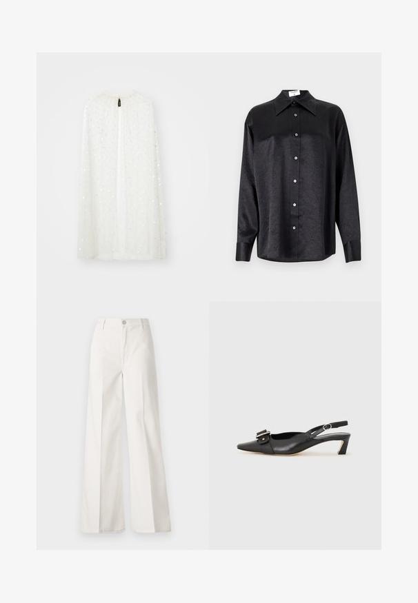 Bela prosojna plahta z nabiranjem na ovratniku, okrašena z razpršenimi srebrnimi bleščicami, z osrednjim odprtjem od vrha do dna.; Črna srajca z dolgimi rokavi in ovratnikom, ki ima gubasto teksturo, celotno zapenjanje na gumb in manšete. Izdelana iz gladkega materiala.; Bele široke hlače iz bombaža z gladko teksturo. Imajo gumb spredaj, zadrgo in zasnovo z štirimi žepi.; Črne usnjene slingback čevlje z ostrim nosom, majhnim petam in dekorativno sponko na zgornjem delu. Gladka tekstura, minimalistična zasnova.