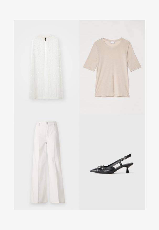 Witte doorschijnende cape met een geraffineerde halslijn, versierd met verspreide zilveren pailletten, met een centrale opening van boven naar beneden.; Filippa K ELENA TEE - T-shirt basic - taupe; Witte wijde-broek gemaakt van katoen met een gladde textuur. Voorzien van een knoop aan de voorkant, ritsopening en vierzakkenontwerp.; Zwarte leren slingback schoen met een puntige neus, decoratieve banden met metalen oogjes en een lage blokhak. Textuur oppervlak.