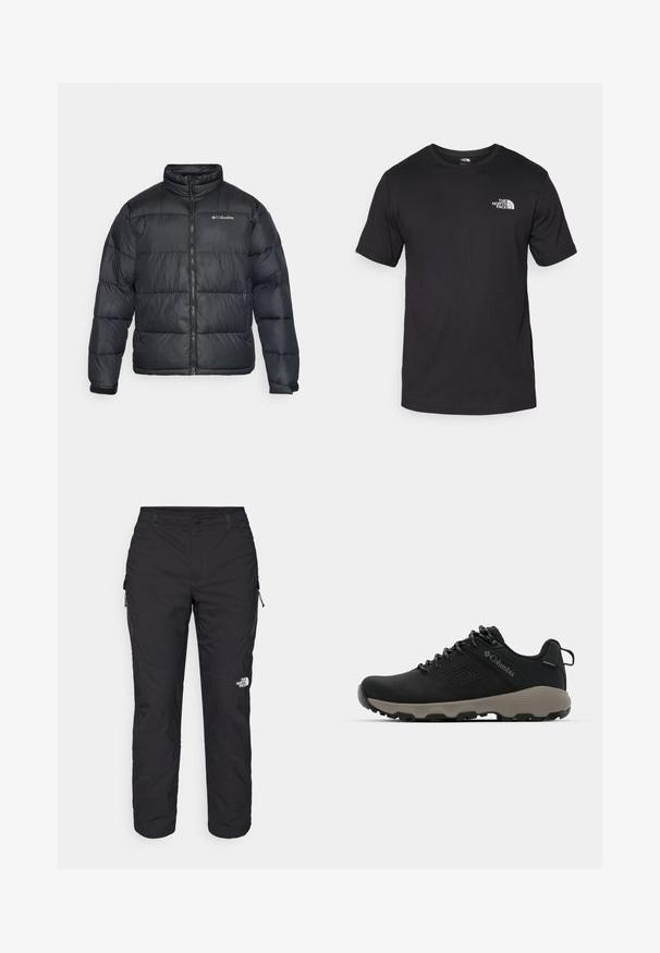 Melna pūkumu jaka ar augstu apkakli, ar rāvējslēdzēju un elastīgiem manšetiem. Iespējas ietver šūtu kvadrātu daļas un Columbia logotipu uz krūtīm.; Melna īsām piedurknēm T-krekls, kas izgatavots no kokvilnas, ar apaļu dekoltē un nelielu baltu logotipu augšējā kreisajā krūtīs.; The North Face WINTER EXPLORATION TAPERED CARGO - Āra bikses - black; Melnas pārgājienu kurpes ar gludu virsu, perforētu dizainu, pelēku zoli un nostiprinātu papēdi. Iekļauj auklas un cilpu vieglai uzvilkšanai.