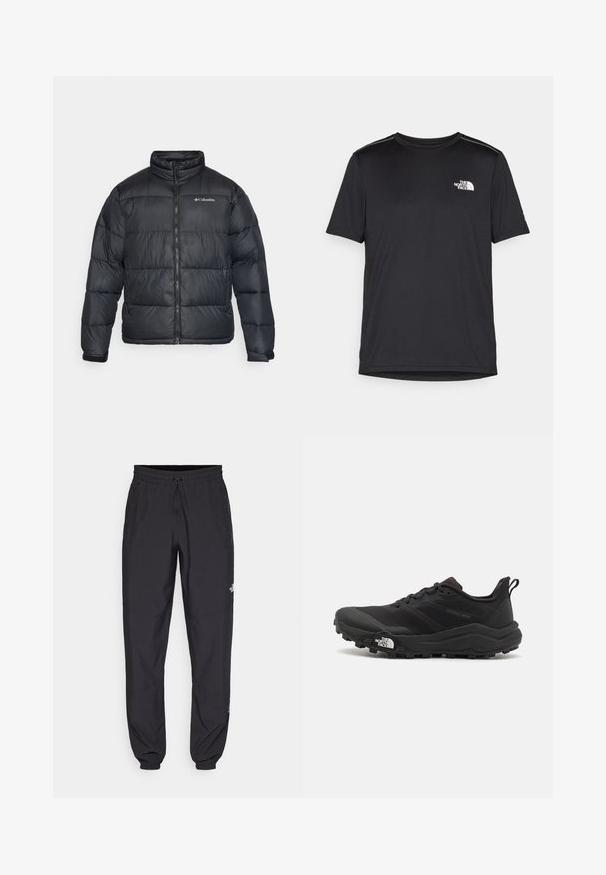 Μαύρο μπουφάν πούφ με ψηλό γιακά, έρμα κλείσιμο και ελαστικούς καρπούς. Διαθέτει ραμμένα καπιτονέ τμήματα και το λογότυπο της Columbia στο στήθος.; Μαύρο κοντομάνικο T-shirt φτιαγμένο από ελαφρύ ύφασμα. Έχει ένα μικρό λευκό λογότυπο στο αριστερό στήθος και διακριτικές λεπτομέρειες στους ώμους.; Μαύρη αθλητική παντελόνι κατασκευασμένο από ελαφρύ ύφασμα, με ζώνη που ρυθμίζεται με κορδόνι, πλευρικές τσέπες και στενές μανσέτες στους αστραγάλους.; Μαύρο αθλητικό παπούτσι τρεξίματος με υφασμάτινο άνω μέρος, καουτσούκ σόλα και ενισχυμένη μύτη. Διαθέτει επενδεδυμένο κολάρο και θηλιά στα πίσω για εύκολη φορεσιά.