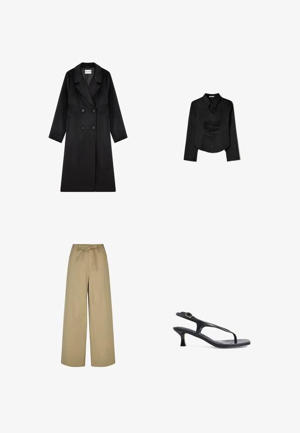NA-KD Mantel - black; Zwarte langetermijnshirt gemaakt van soepele stof, met een puntige kraag, sluiting met knopen aan de voorkant en een cropped zoom met zijsplitten.; Beige wijde broek met hoge taille, drawstring en twee zijzakken, gemaakt van een gladde, lichte stof.; Zwarte leren sandaal met een slank ontwerp, dunne banden en een kleine hak. Bevat een gespaccent en een gladde, gestructureerde zool.