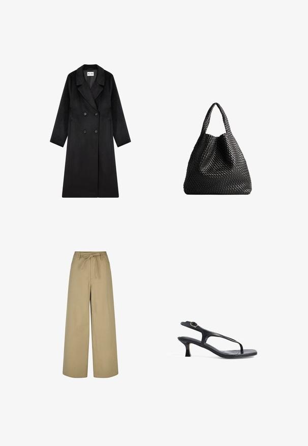 NA-KD Klasični plašč - black; Črna srajca dolgimi rokavi, izdelana iz gladkega materiala, z ostrim ovratnikom, sprednjim gumbom in krajšo obrobo z stranskimi razpoki.; Beige široke hlače z visokim pasom, vrvico za zavezovanje in dvema stranskima žepoma, narejene iz gladkega, lahkega materiala.; Črne usnjene sandale z ozkim dizajnom, tankimi trakovi in majhno peto. Imajo poudarek na sponki in gladko teksturirano podplato.; Črna tkana torba za na ramena z dvema ročkama. Mehka tekstura, sproščen dizajn in velika, okrogla oblika. Ni vidne opreme ali dodatkov.