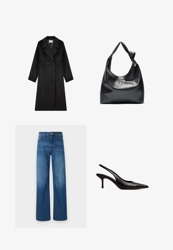 NA-KD Klasický kabát - black; Modrá a biela pruhovaná košeľa s dlhým rukávom, zapínaním na gombíky, s rozšíreným golierom, prispôsobeným strihom a zakriveným lemom. Textúrovaný bavlnený materiál.; Mother THE LASSO SNEAK - Džínsy voľného strihu - dark blue denim; NA-KD Klasické lodičky na opätku - black; Čierna tkaná kožená kabelka s voľným dizajnom, vybavená uzlovou rukoväťou a malým dekoratívnym zlatým nýtom na vrchu.