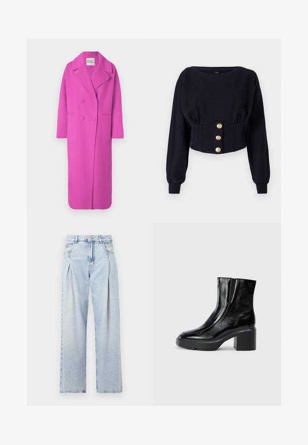 Pikk, kahekordse nööpimisega, ere roosa üleriide laia krae, kahe esipocketi ja kraes "TULEVIKUST" etiketi ka.; Pinko MANTOVANA - Pikkade varrukatega topp - blu tenebra; Heledad sinise denimist valmistatud teksapüksid kõrge vöökohaga, laia jala lõikega, kahe külje taskuga ja pleedi disainiga. Pehme tekstuur ja pleekinud viimistlus.; Mustmustest must paeltega särkide, millel on kõver varvas, elastsed külgpaneelid ja jäme plokkpealse. Tagaküljel on reljeefne logo.