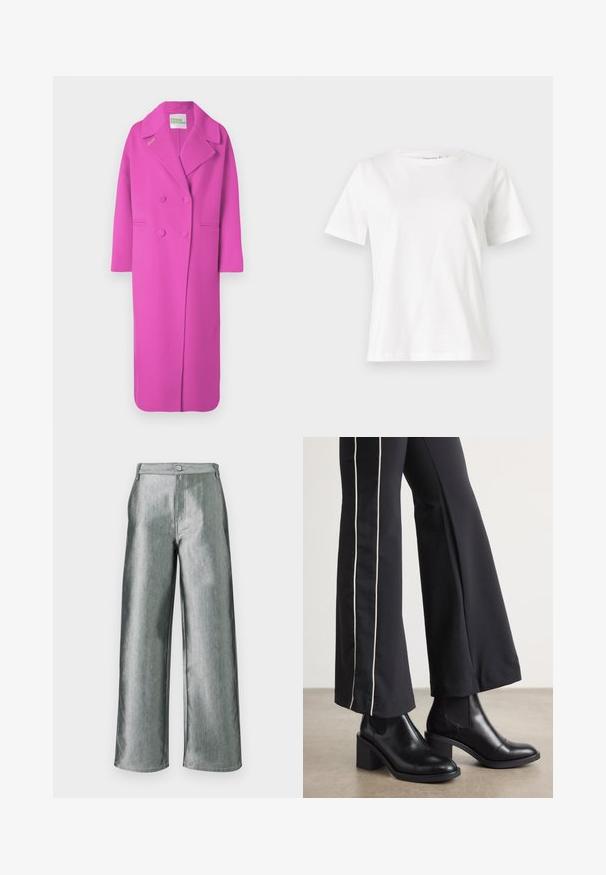 Manteau long, double boutonné, rose vif, avec de larges revers, deux poches avant et une étiquette "DU FUTUR" à l'intérieur du col.; T-shirt en coton blanc à manches courtes, col rond et coupe décontractée. Texture lisse, sans motifs ni accents, design minimaliste.; Pantalon argenté métallique taille haute à jambes larges, avec fermeture à boutons et fermeture éclair, présenté à plat sur un fond blanc.; Bottines en cuir Noir avec un talon bloc, dotées de panneaux élastiques sur les côtés. Associées à un pantalon noir avec une rayure blanche sur le côté.
