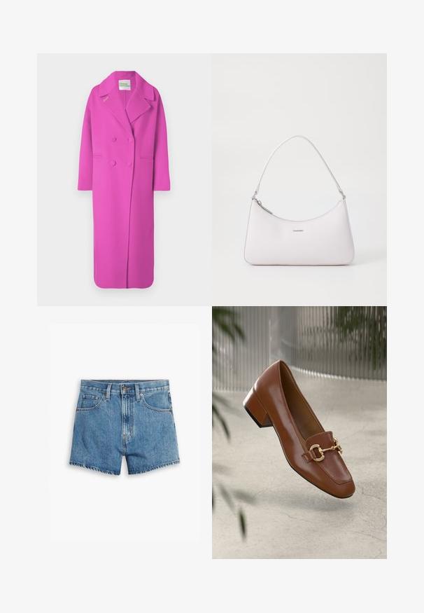 Cappotto lungo e doppiopetto di un brillante colore rosa, con ampi risvolti, due tasche frontali e un'etichetta "DAL FUTURO" all'interno del colletto.; T-shirt a righe bianche e nere in cotone. Caratterizzato da un collo rotondo e un piccolo logo rosso Levi's sul petto. Maniche corte.; Shorts in denim blu chiaro, con cinque tasche, chiusura a zip e bottone. L'orlo è sfilacciato e presenta un design a vestibilità rilassata.; Mocassino in pelle verniciata marrone con punta quadrata, accentato da catena metallica e tacco basso; texture liscia, design minimalista.; Borsa a tracolla in pelle rosa con design curvo, chiusura con zip e dettagli in metallo argentato. Logo minimalista sul davanti.