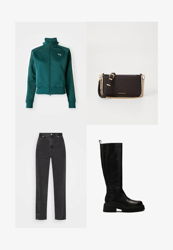 Teal zip-up track jacket with white side stripes, high collar, and ribbed cuffs. Features a small white logo on the left chest area.; White button-up shirt with long sleeves, structured collar, and rounded hem. Made from a smooth, solid fabric with no visible patterns or accents.; Straight-leg black denim jeans with high waist, front button and zipper, and five-pocket styling on a white background.; Black knee-high leather boots with a sleek design, rounded toe, and chunky rubber sole featuring deep grooves and a pull tab at the top.; MICHAEL Michael Kors BRYANT SM XBODY POUCHETTE - Cross body bag - chocolate